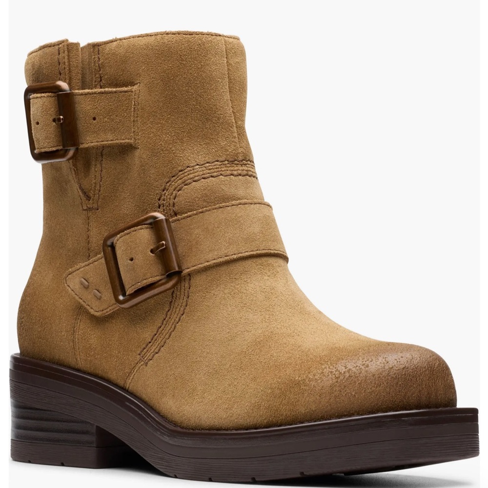 Women's Shoes Clarks REBELLE‎ UP Mid Calf Moto Boots  WALNUT SUEDE Size: 8.5 US